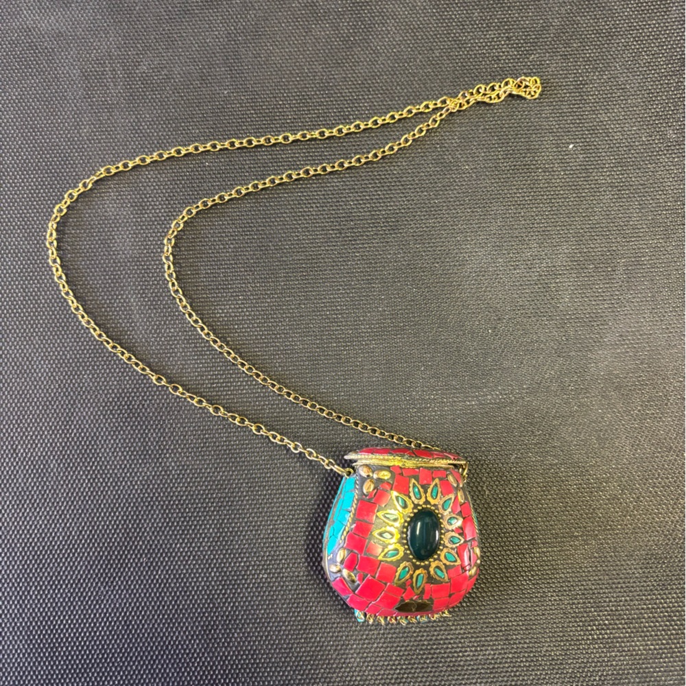 Boho Mosaic Locket Pendant Necklace – Hidden Compartment – Red & Turquoise - Picture 4 of 5